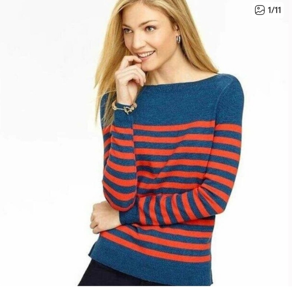 NWT Talbots Navy Blue and Orange Striped Merino Wool Sweater Size Large